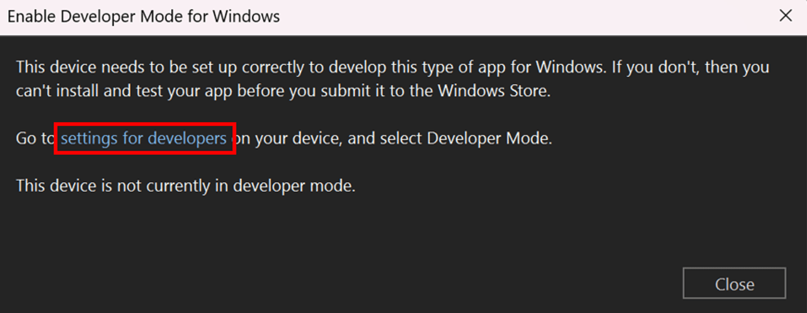 Enable Developer Mode for Windows dialog.