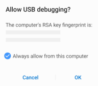 Android device prompt to allow USB debugging on the device from the computer.