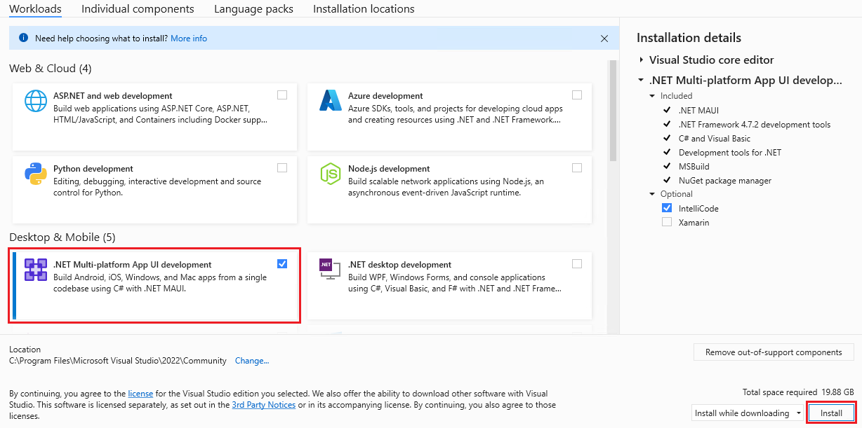 Visual Studio Installer with the Mobile development with .NET workload selected