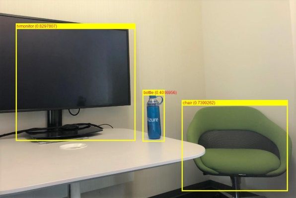 ML.NET detected a TV, a water bottle, and a chair in the photo, using ONNX